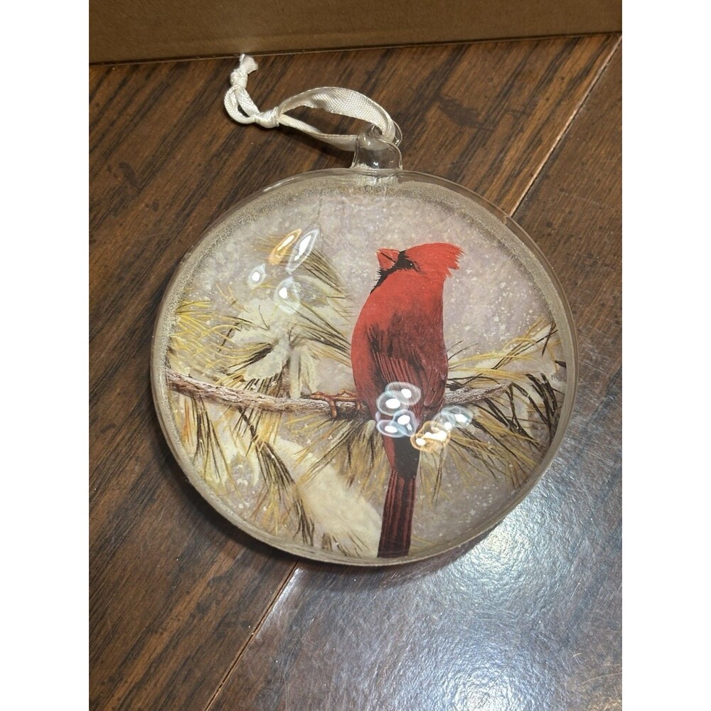 Vintage Bubble Christmas Ornament Red Cardinal On Snowy Branch 4" Diameter
